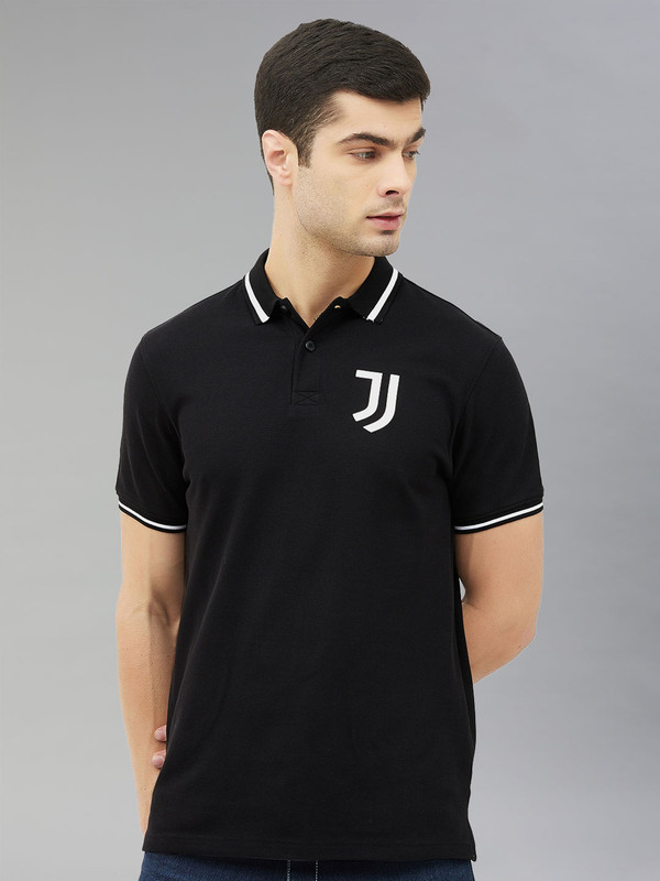 Juventus F.C. Men Black Solid Half Sleeves Polo Collar Football Cotton T-Shirt (1)