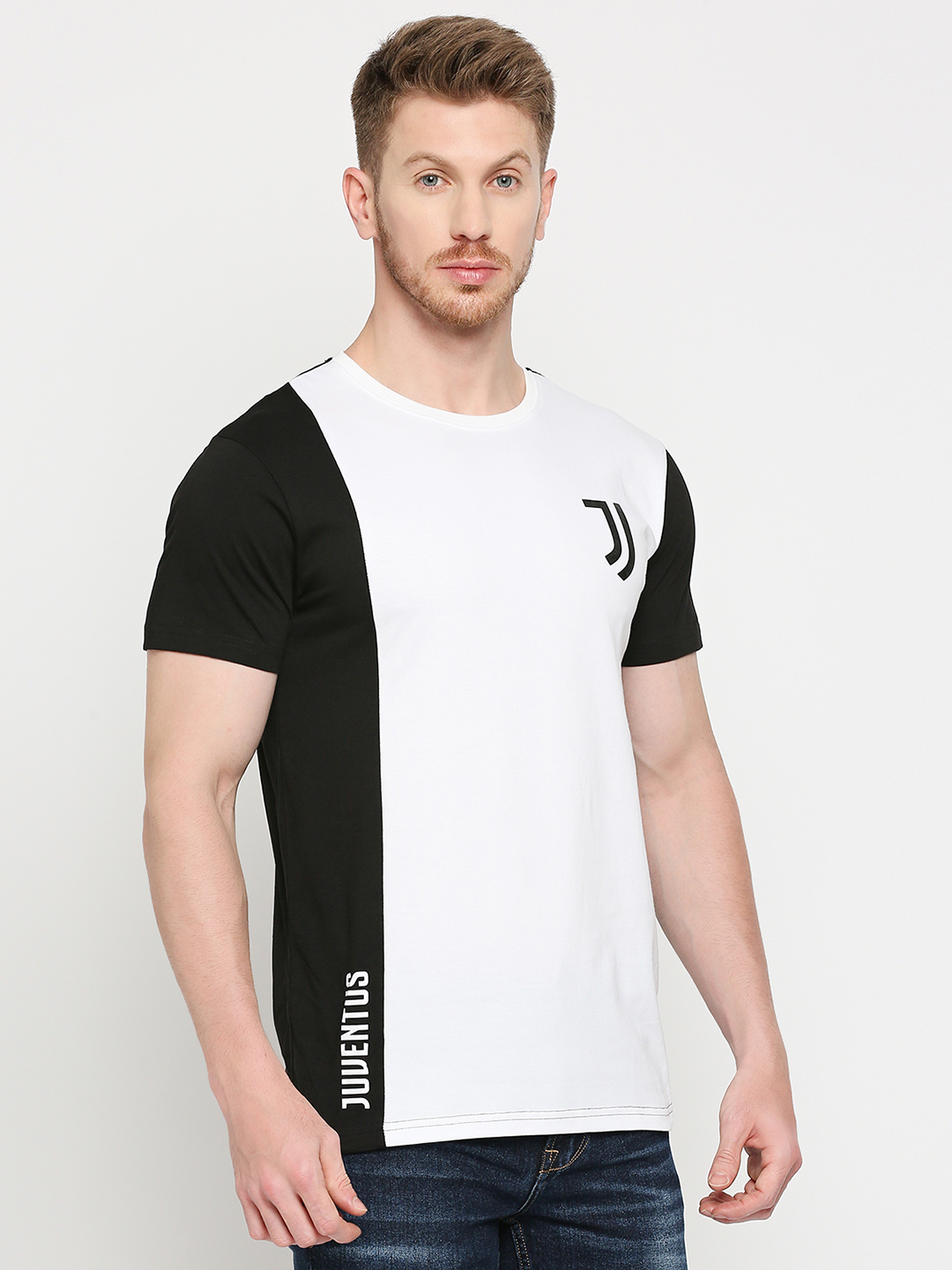 Men White and Black Colorblocked Logo Printed Round Neck Cotton T-shirt