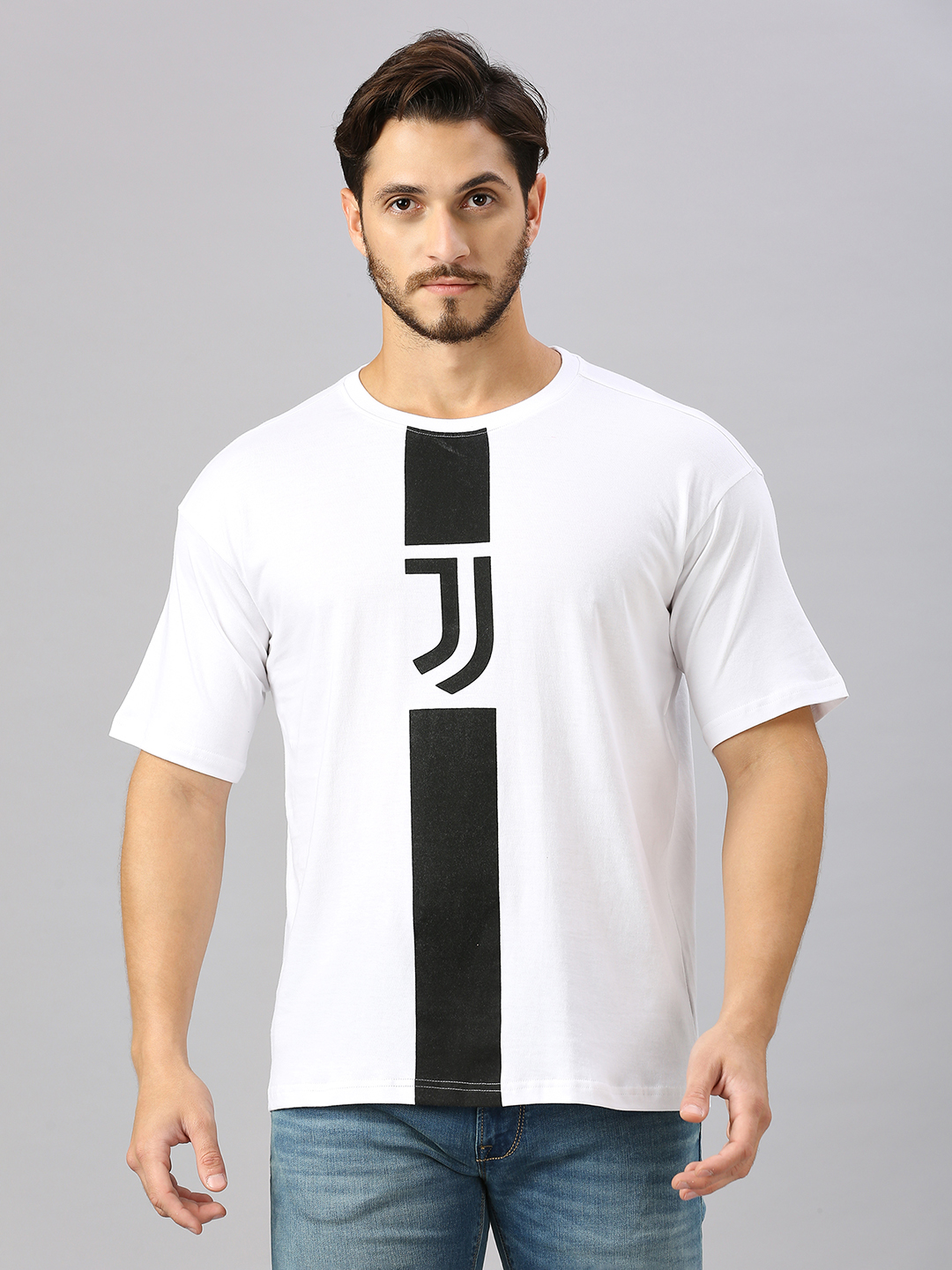 Men White Printed Half Sleeves Round Neck Oversized Cotton T-Shirt