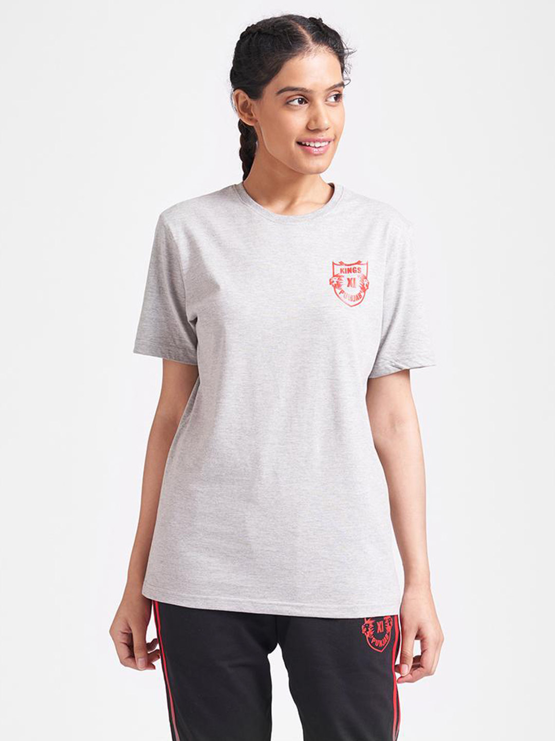 Kings XI Punjab Women Grey Typography Printed Half Sleeves Round Neck T-Shirt (1)