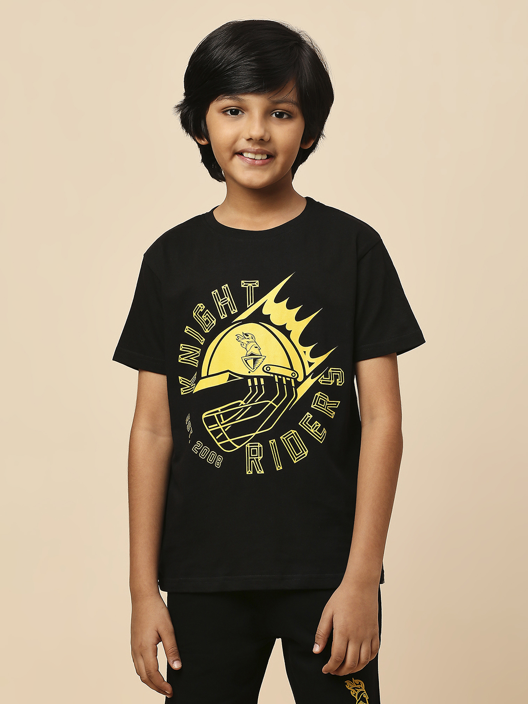 Kolkata Knight Riders Boys Black Printed Half Sleeves Round Neck Cotton T-Shirt (1)