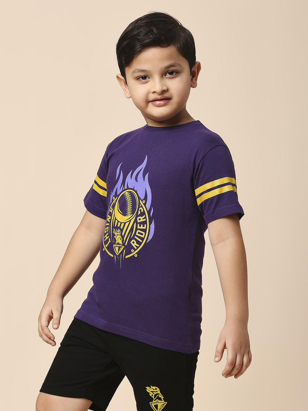Kolkata Knight Riders Boys Purple and Yellow Graphic Printed Half Sleeves Round Neck Cotton T-Shirt (1)