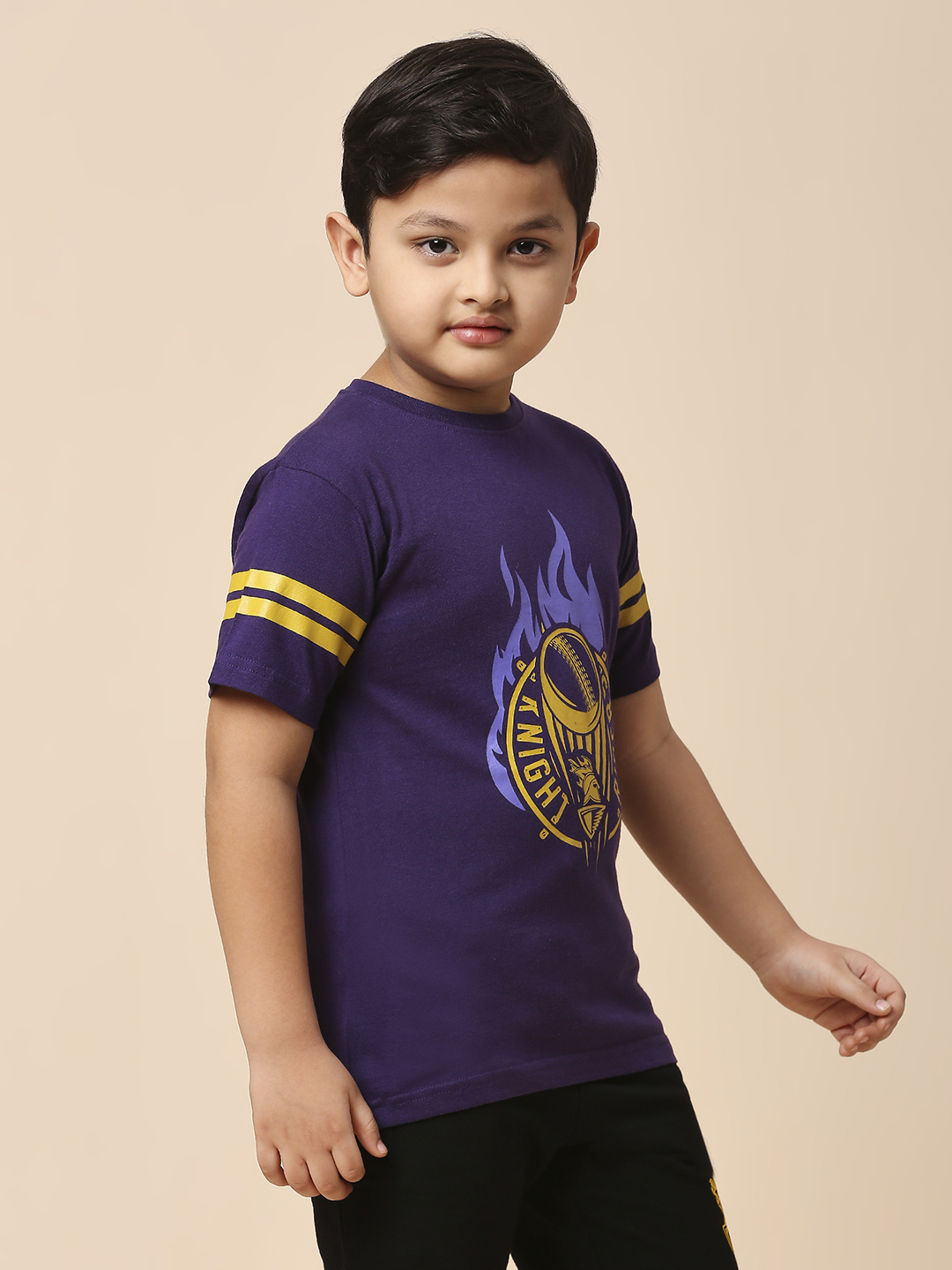 Kolkata Knight Riders Boys Purple and Yellow Graphic Printed Half Sleeves Round Neck Cotton T-Shirt (2)