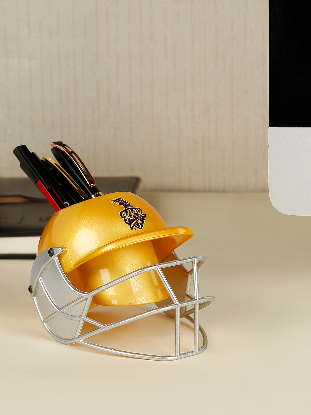 Helmet Shaped Gold Logo Printed Pen and Pencil Stand, Pen Holder For Office and Home