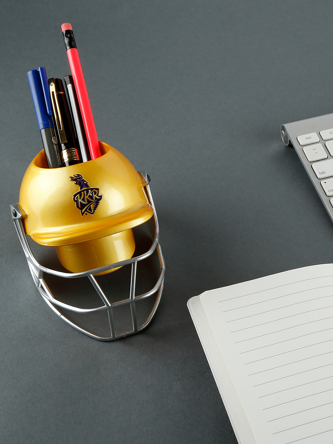 Kolkata Knight Riders Helmet Shaped Gold Logo Printed Pen and Pencil Stand, Pen Holder For Office and Home (4)