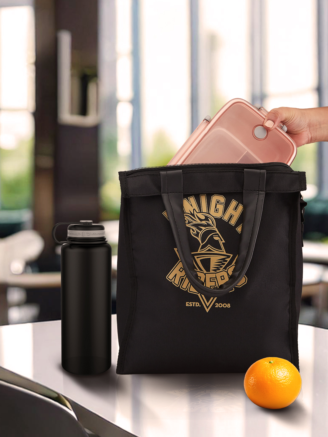 Kolkata Knight Riders Insulated Black Lunch Bag for Men and Women with Canvas Fabric Zip Closure Multipurpose Bag (3)