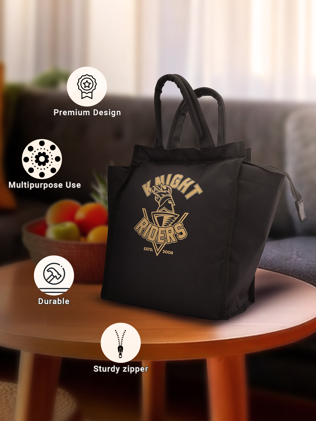 Kolkata Knight Riders Insulated Black Lunch Bag for Men and Women with Canvas Fabric Zip Closure Multipurpose Bag (5)