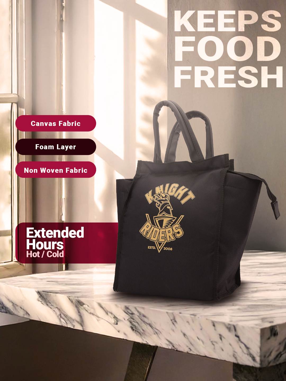 Kolkata Knight Riders Insulated Black Lunch Bag for Men and Women with Canvas Fabric Zip Closure Multipurpose Bag (6)