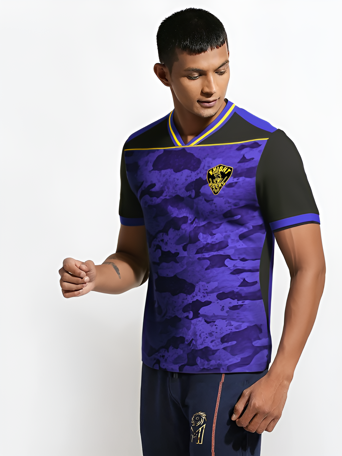 Kolkata Knight Riders Men Black and Purple All Over Printed Half Sleeves V-Neck Polyester T-Shirt (2)