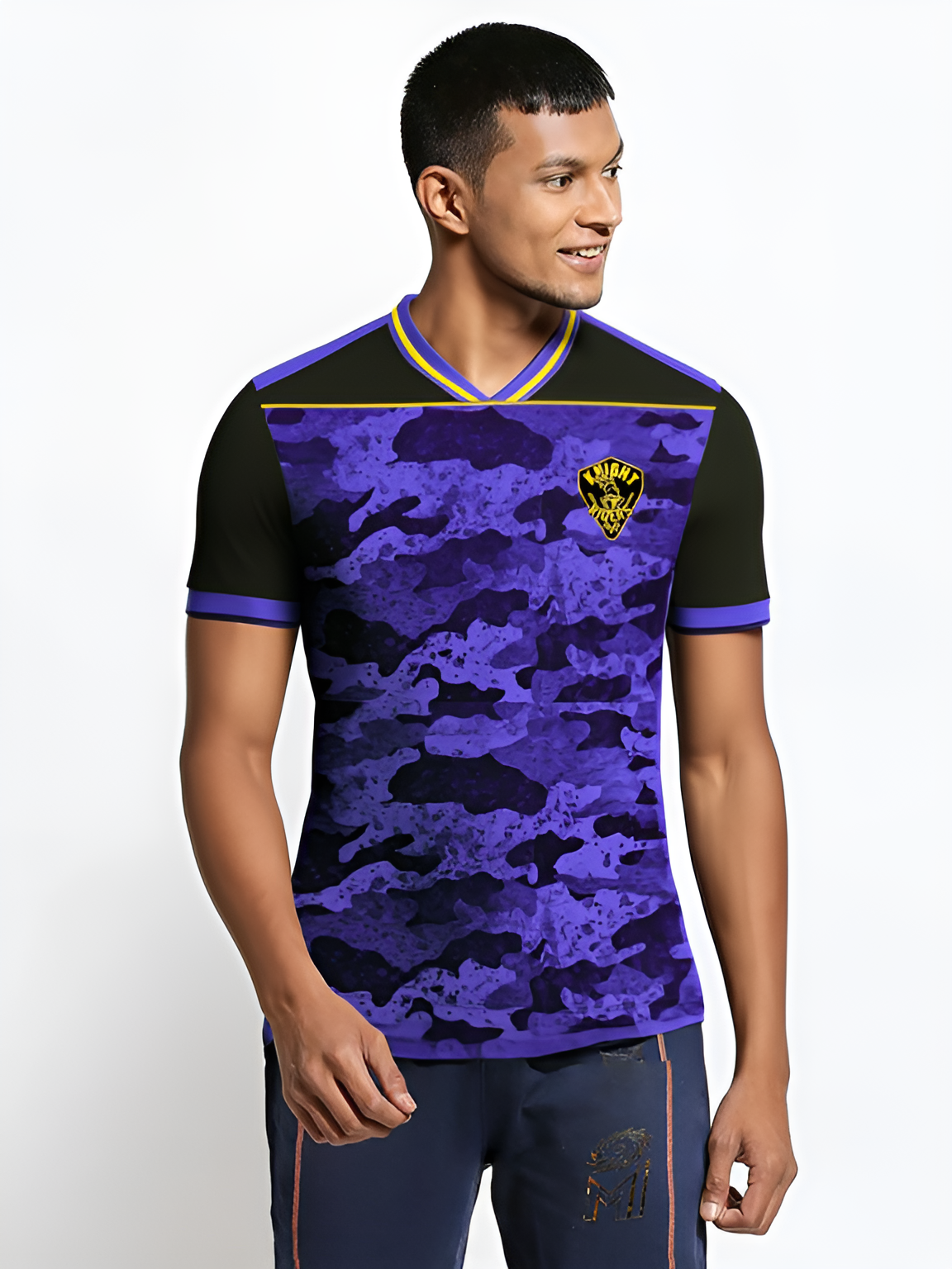 Men Black and Purple All Over Printed Half Sleeves V-Neck Polyester T-Shirt