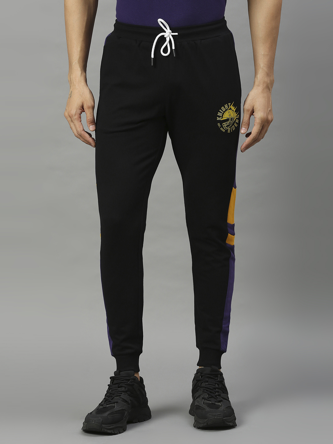 Kolkata Knight Riders Men Black and Purple Colourblocked Mid-Rise Cotton Training Regular Fit Joggers (1)