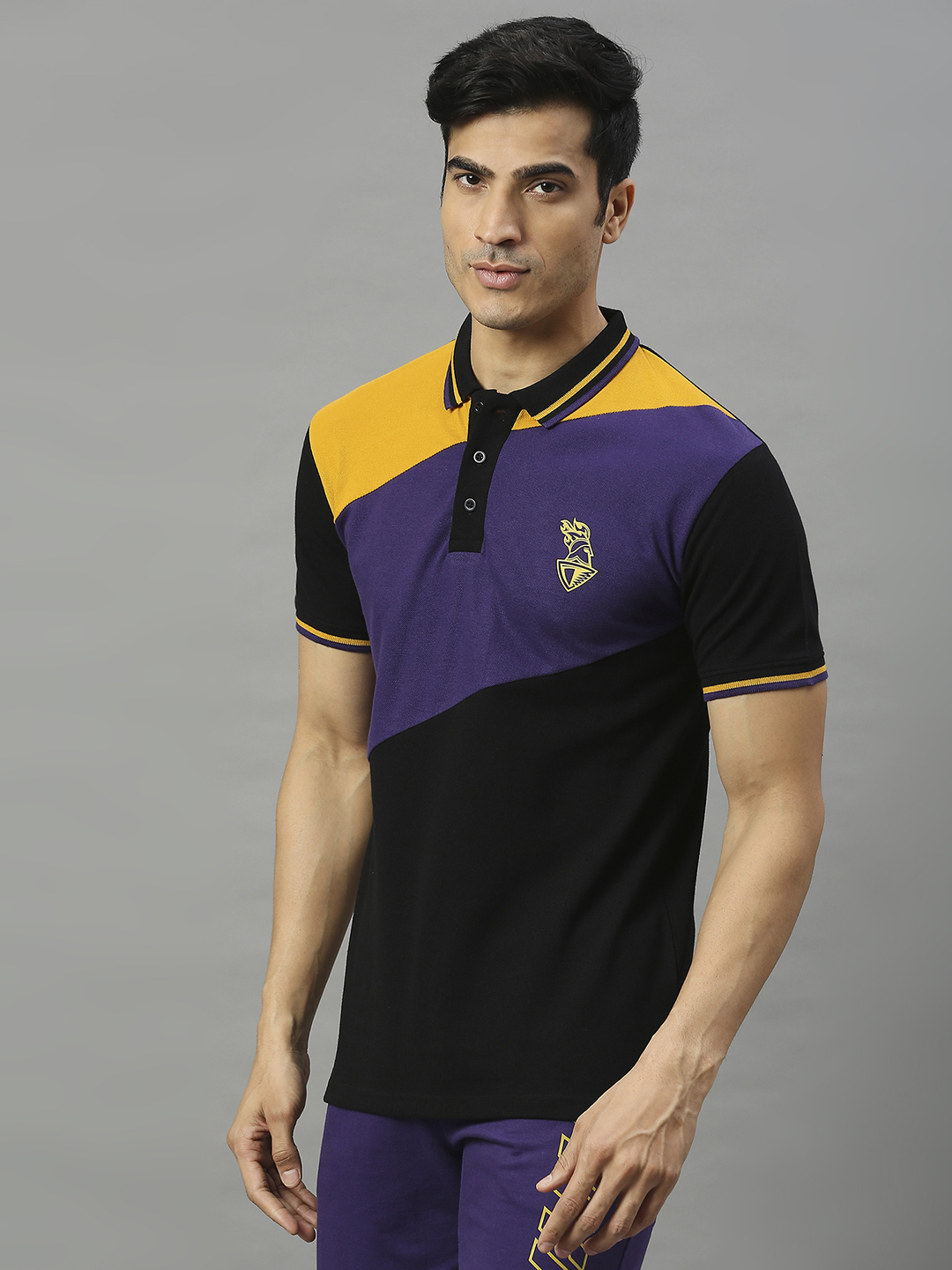Kolkata Knight Riders Men Black and Yellow Colourblocked Half Sleeves Polo Collar Cotton T-Shirt (3)