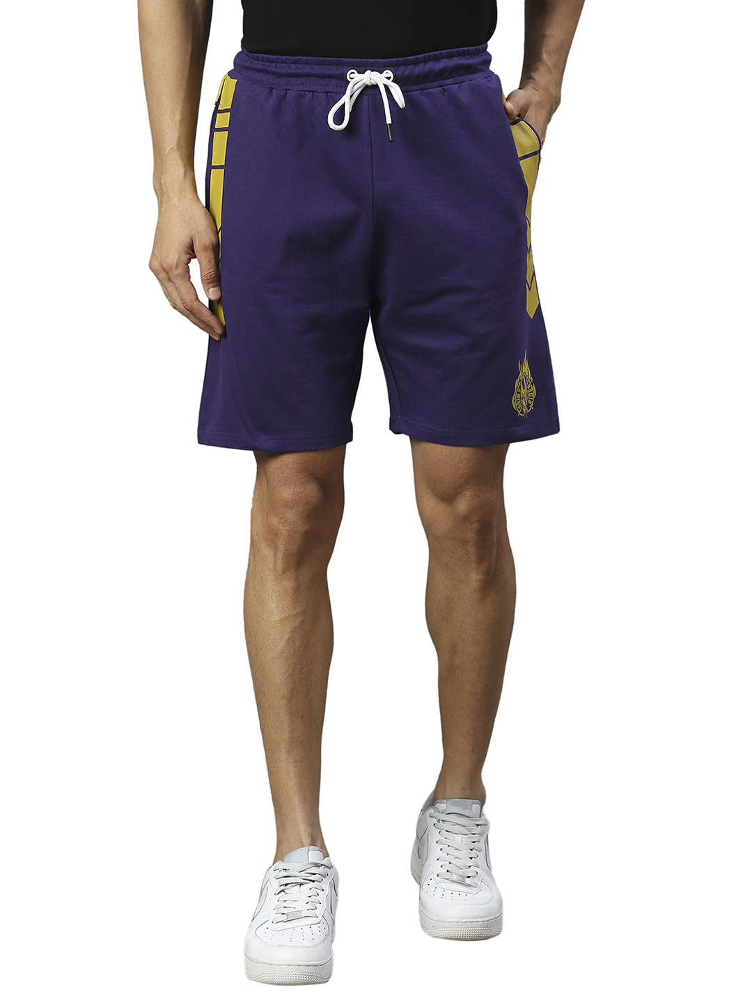 Men Black and Yellow Printed Mid-Rise Sports Shorts