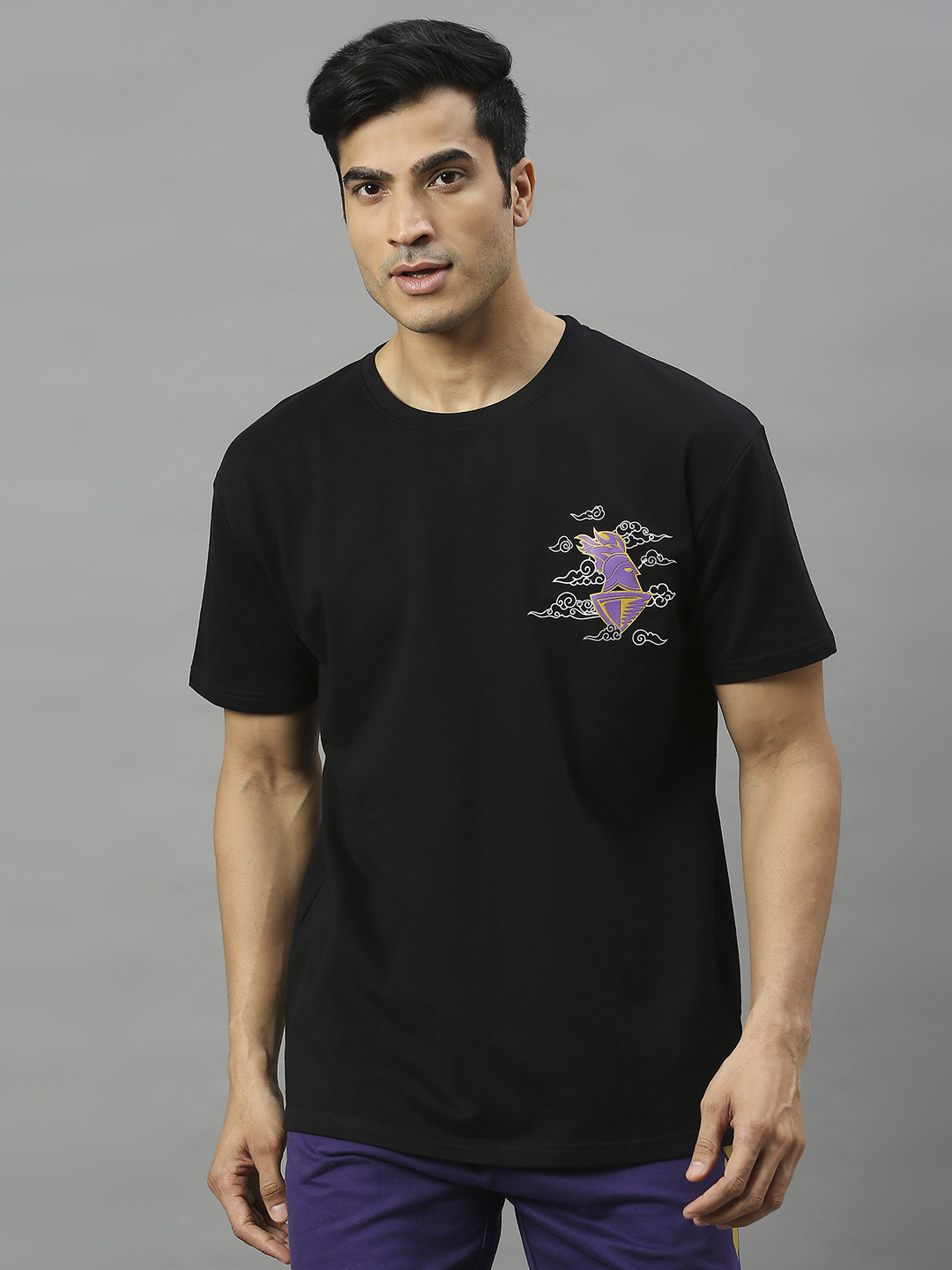 Men Black Graphic Printed Half Sleeves Round Neck Oversized Cotton T-Shirt