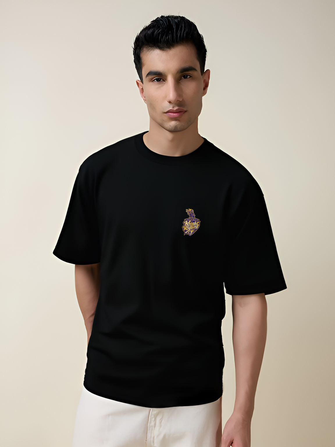 Men Black Graphic Printed Half Sleeves Round Neck Oversized T-Shirt