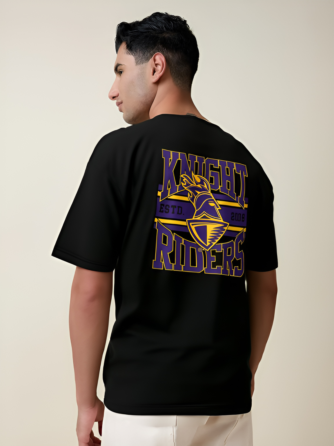 Kolkata Knight Riders Men Black Graphic Printed Half Sleeves Round Neck Oversized T-Shirt (2)