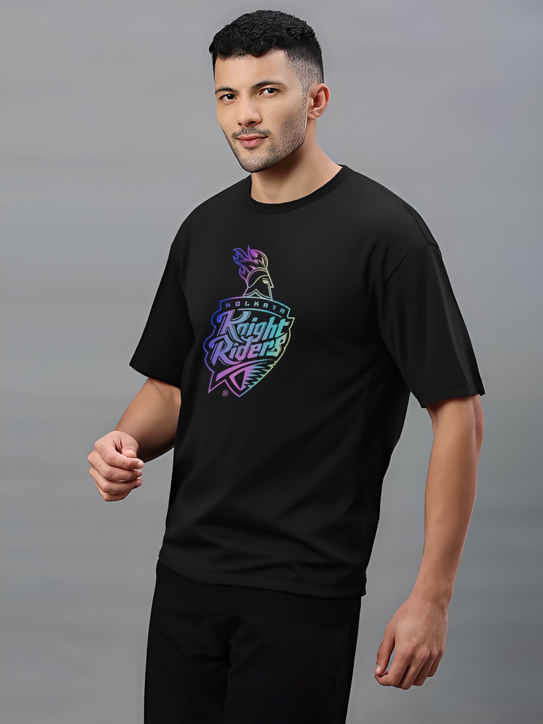 Men Black Logo Printed Half Sleeves Round Neck Cotton Oversized T-Shirt