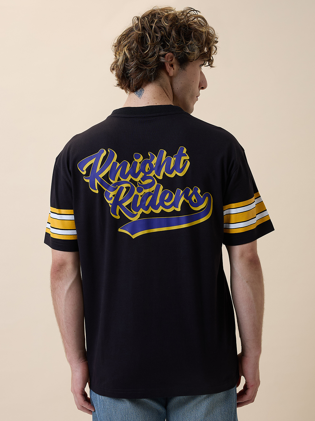 Kolkata Knight Riders Men Black Logo Printed Half Sleeves V-Neck Oversized Cotton T-Shirt (5)