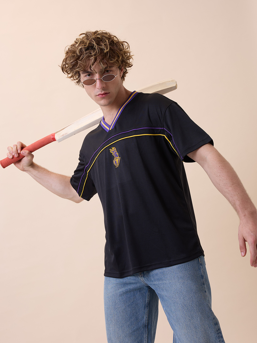 Men Black Logo Printed Half Sleeves V-Neck Oversized Cotton T-Shirt