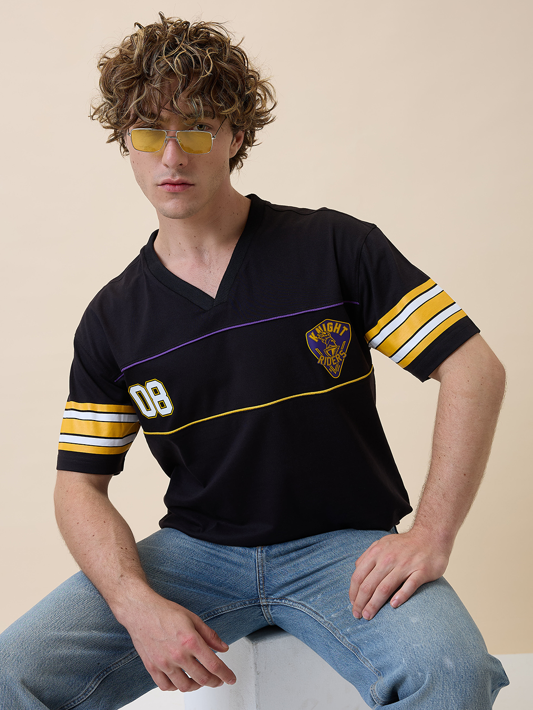 Kolkata Knight Riders Men Black Logo Printed Half Sleeves V-Neck Oversized Cotton T-Shirt