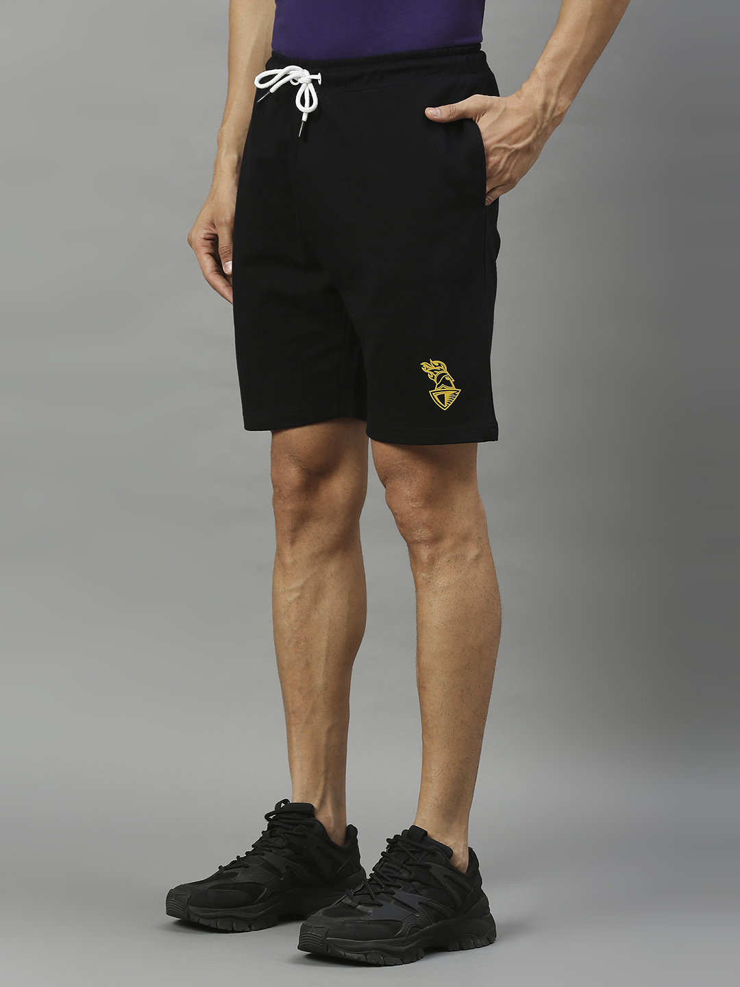 Kolkata Knight Riders Men Black Logo Printed Mid-Rise Active Sports Shorts (3)