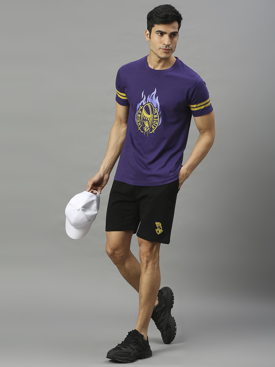 Kolkata Knight Riders Men Black Logo Printed Mid-Rise Active Sports Shorts (4)