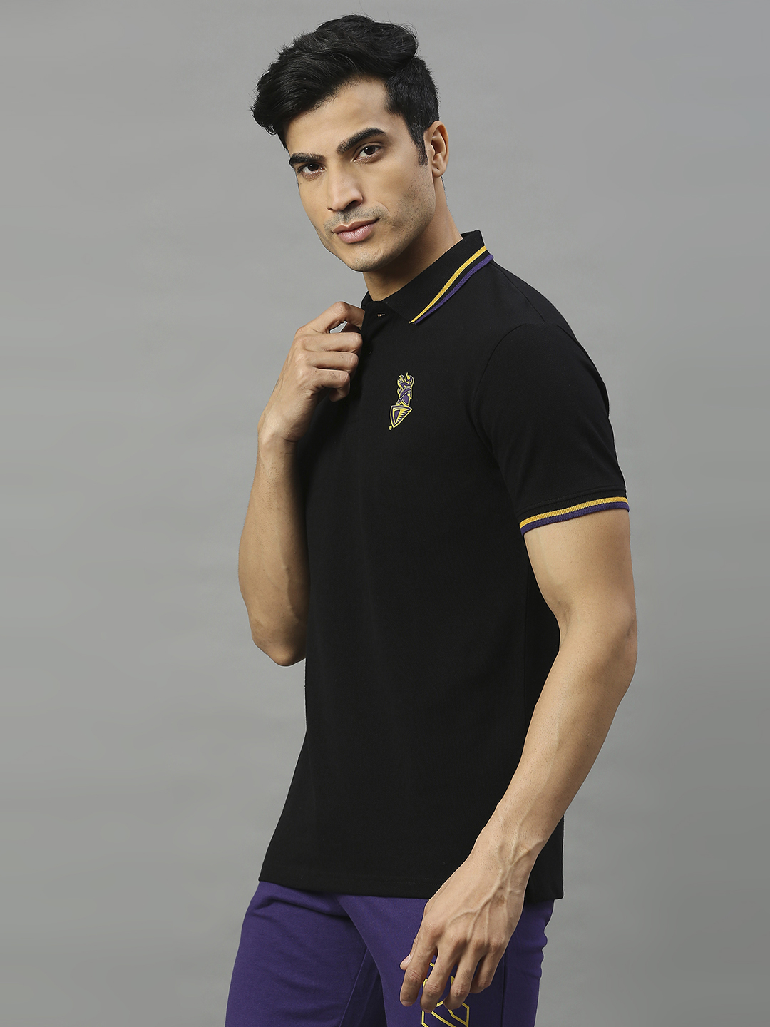 Kolkata Knight Riders Men Black Solid Half Sleeves Polo Collar Cotton T-Shirt (2)