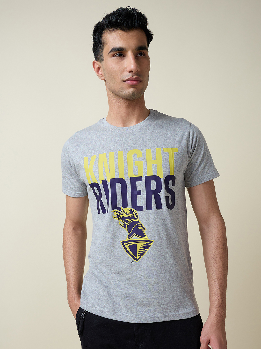 Kolkata Knight Riders Men Grey Melange Typography Printed Half Sleeves Round Neck Cotton T-Shirt (4)