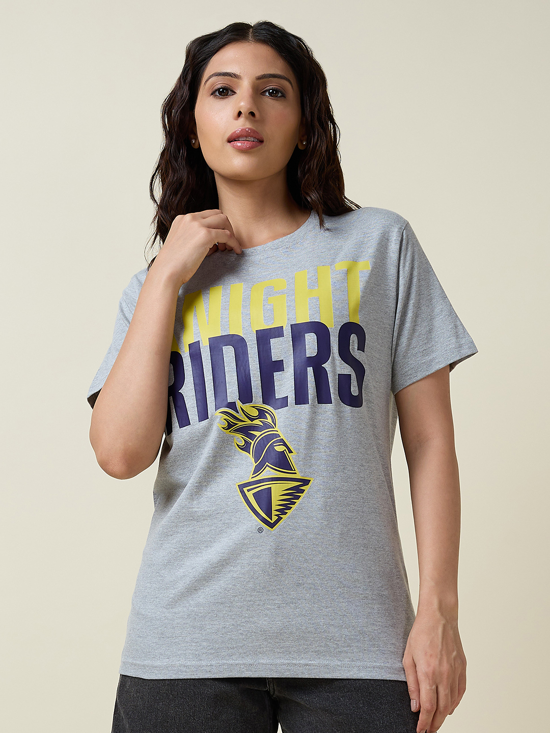 Kolkata Knight Riders Men Grey Melange Typography Printed Half Sleeves Round Neck Cotton T-Shirt (3)