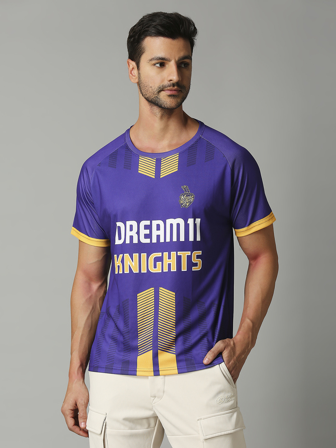 Men Purple and Gold Printed Half Sleeves Round Neck Polyester T-Shirt