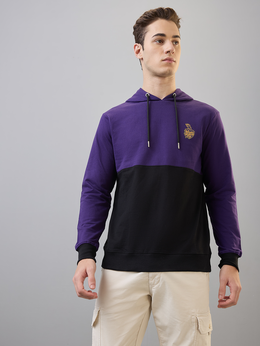 Kolkata Knight Riders Men Purple and Black Colourblocked Full Sleeves Hooded Sweatshirt (1)