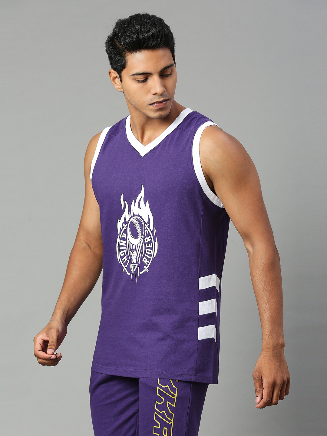 Kolkata Knight Riders Men Purple and White Graphic Printed Sleeveless V-Neck Basic Cotton Vest (2)