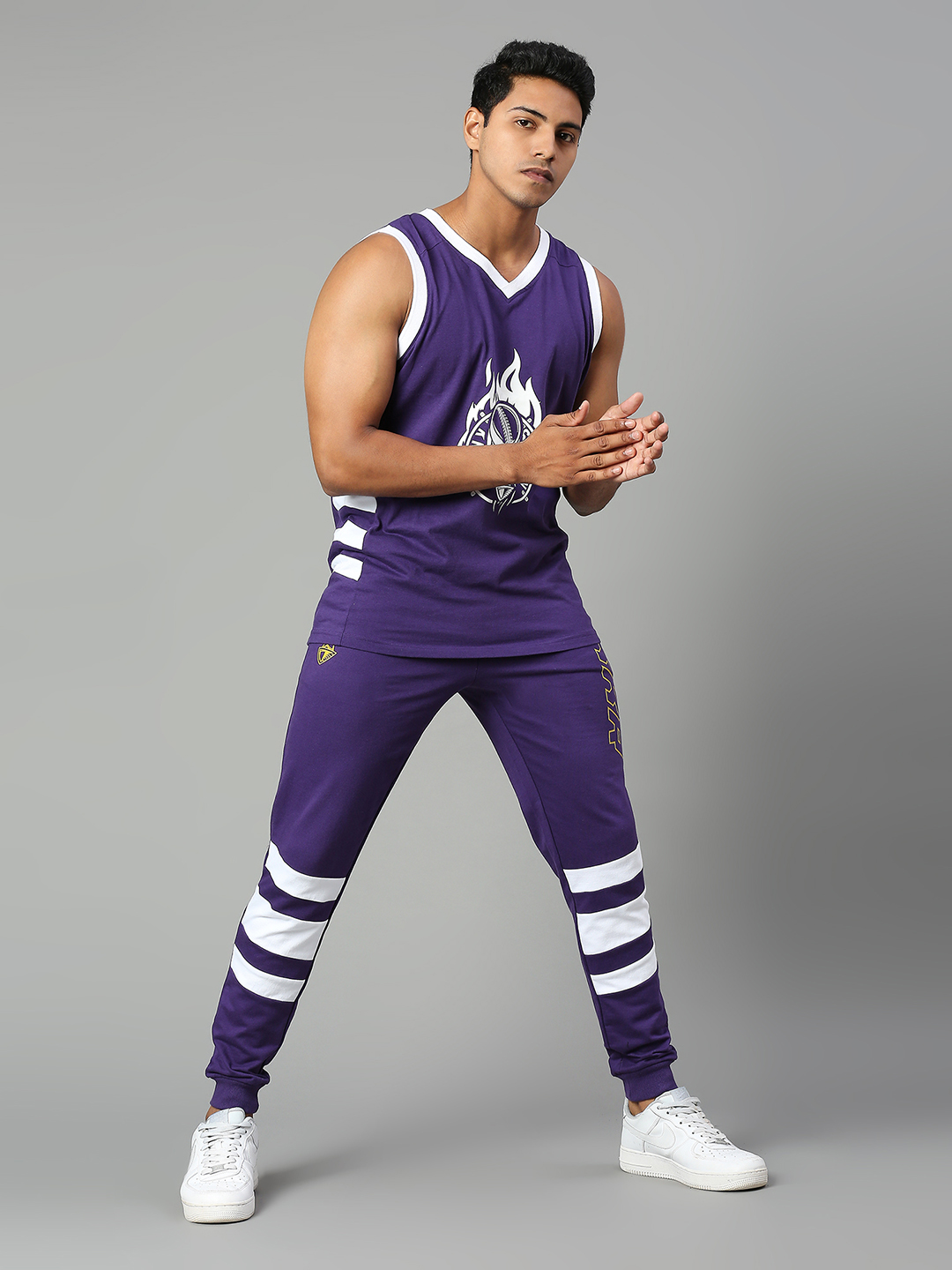 Kolkata Knight Riders Men Purple and White Graphic Printed Sleeveless V-Neck Basic Cotton Vest (4)