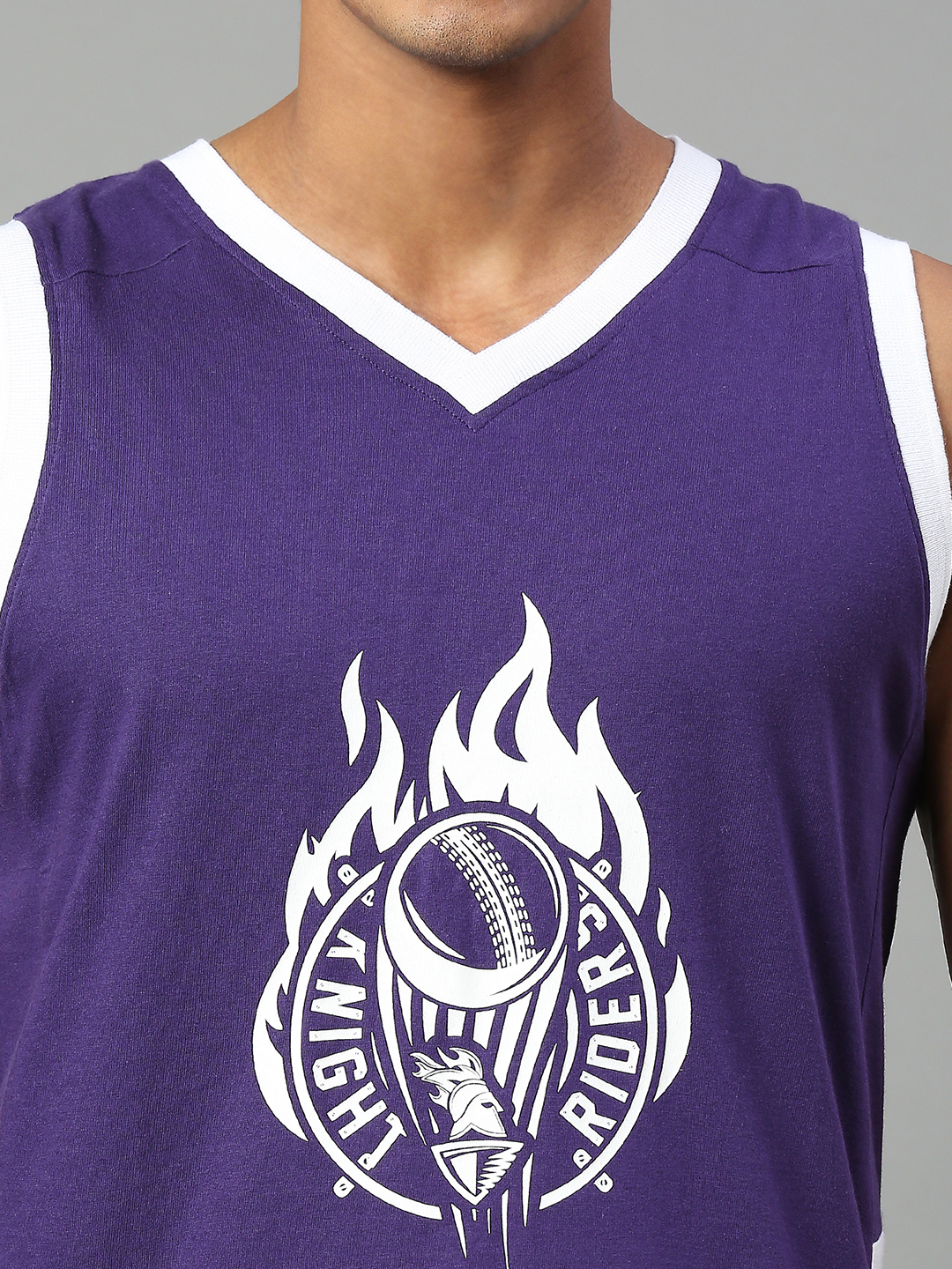 Kolkata Knight Riders Men Purple and White Graphic Printed Sleeveless V-Neck Basic Cotton Vest (6)