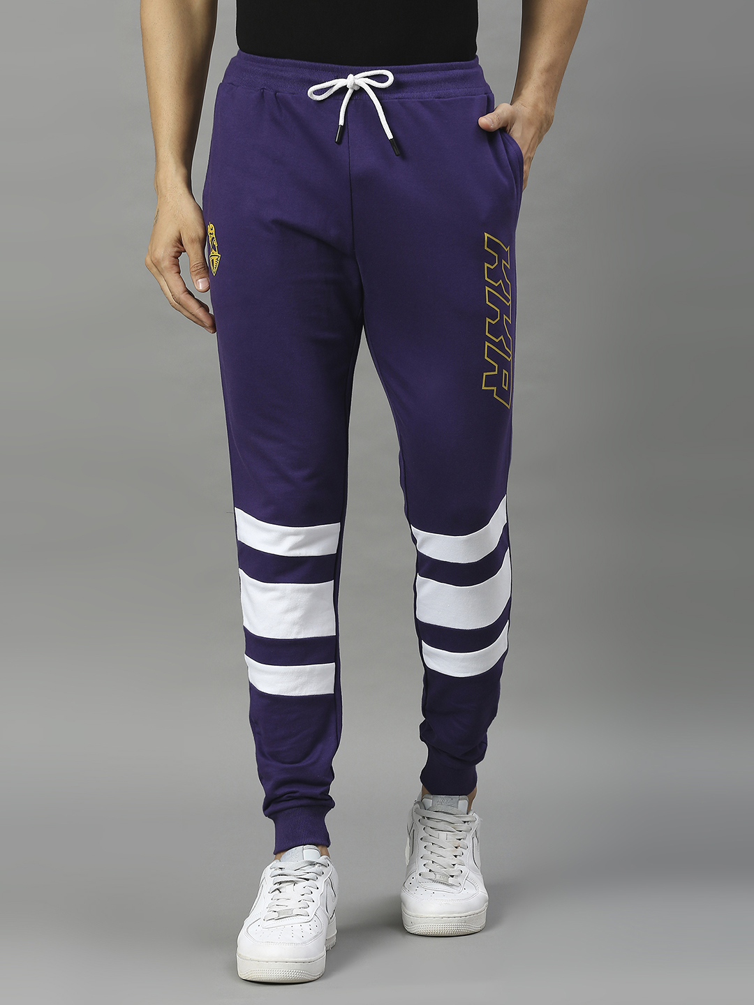 Kolkata Knight Riders Men Purple and White Striped Mid-Rise Cotton Training Regular Fit Joggers (1)