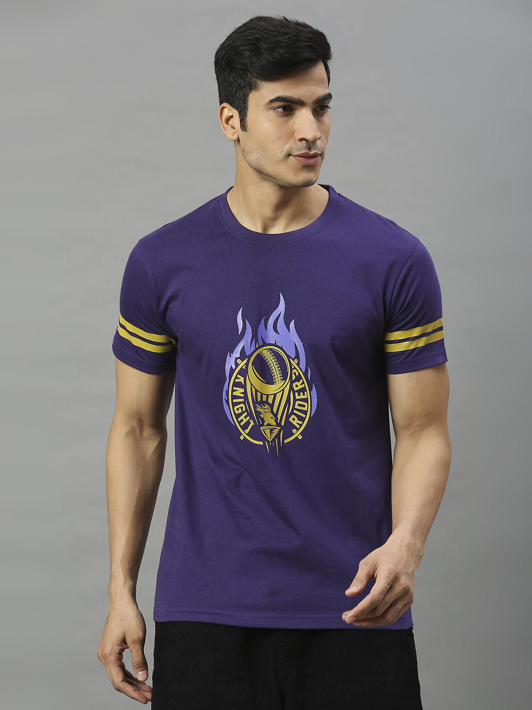 Kolkata Knight Riders Men Purple and Yellow Graphic Printed Half Sleeves Round Neck Cotton T-Shirt (1)