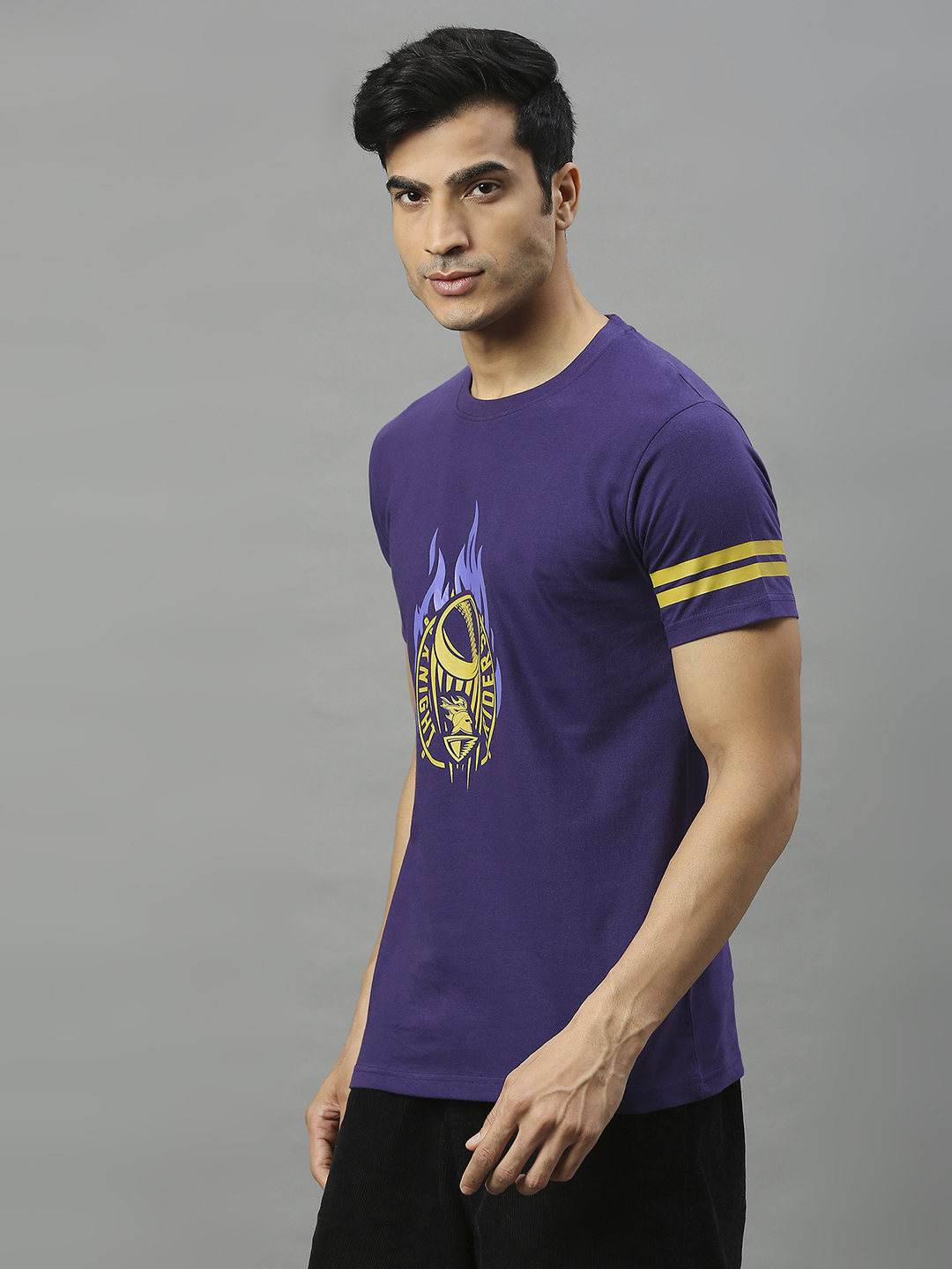 Kolkata Knight Riders Men Purple and Yellow Graphic Printed Half Sleeves Round Neck Cotton T-Shirt (4)