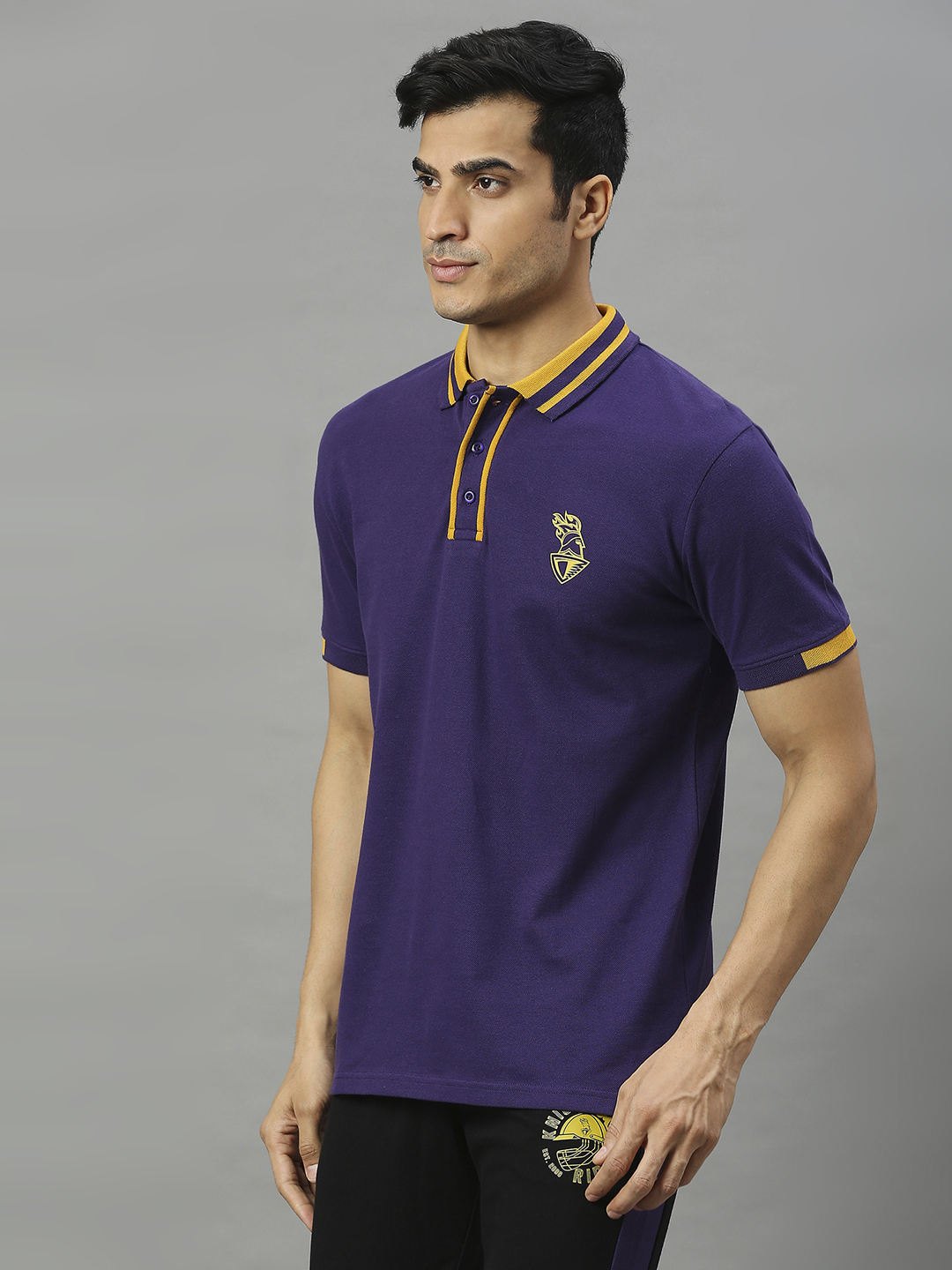Kolkata Knight Riders Men Purple and Yellow Logo Printed Half Sleeves Polo Collar Cotton T-Shirt (3)