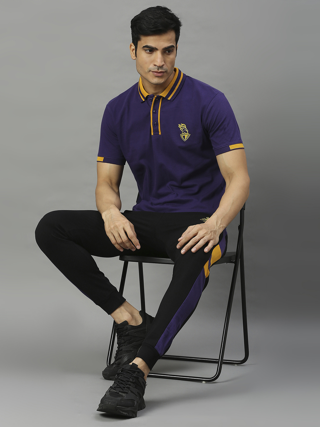 Kolkata Knight Riders Men Purple and Yellow Logo Printed Half Sleeves Polo Collar Cotton T-Shirt (4)