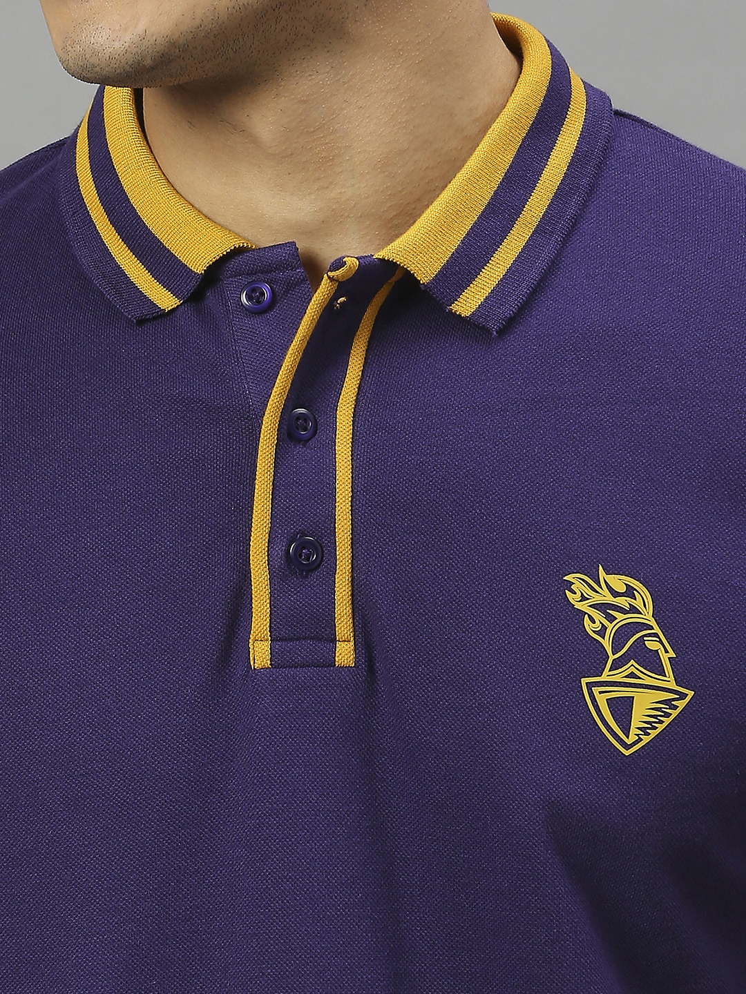 Kolkata Knight Riders Men Purple and Yellow Logo Printed Half Sleeves Polo Collar Cotton T-Shirt (5)