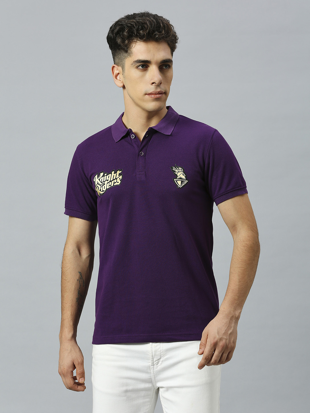 Kolkata Knight Riders Men Purple Logo Printed Half Sleeves Polo Collar Cotton T-Shirt (1)