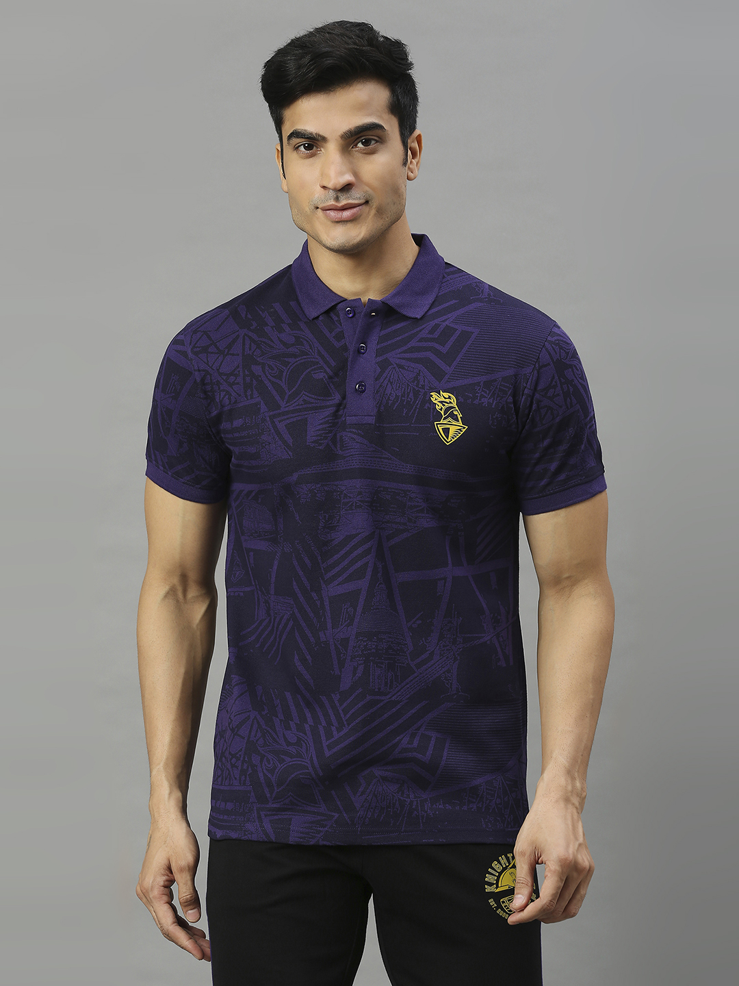 Men Purple Printed Half Sleeves Polo Collar Cotton T-Shirt