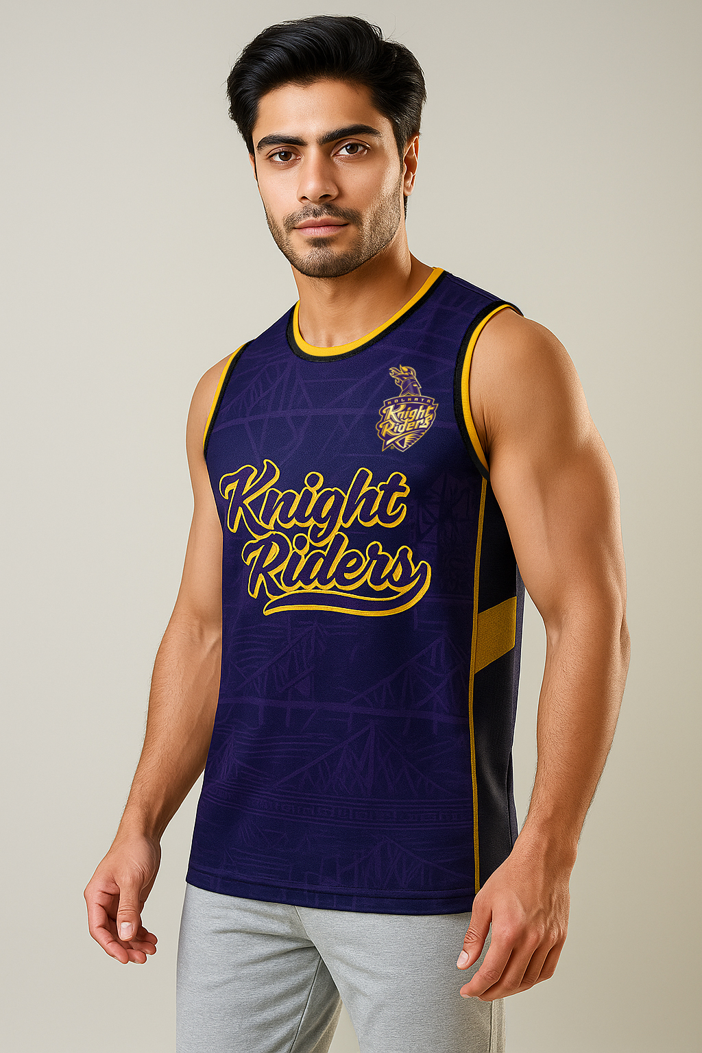 Men Purple Printed Sleeveless Round Neck Polyester Sports Vest