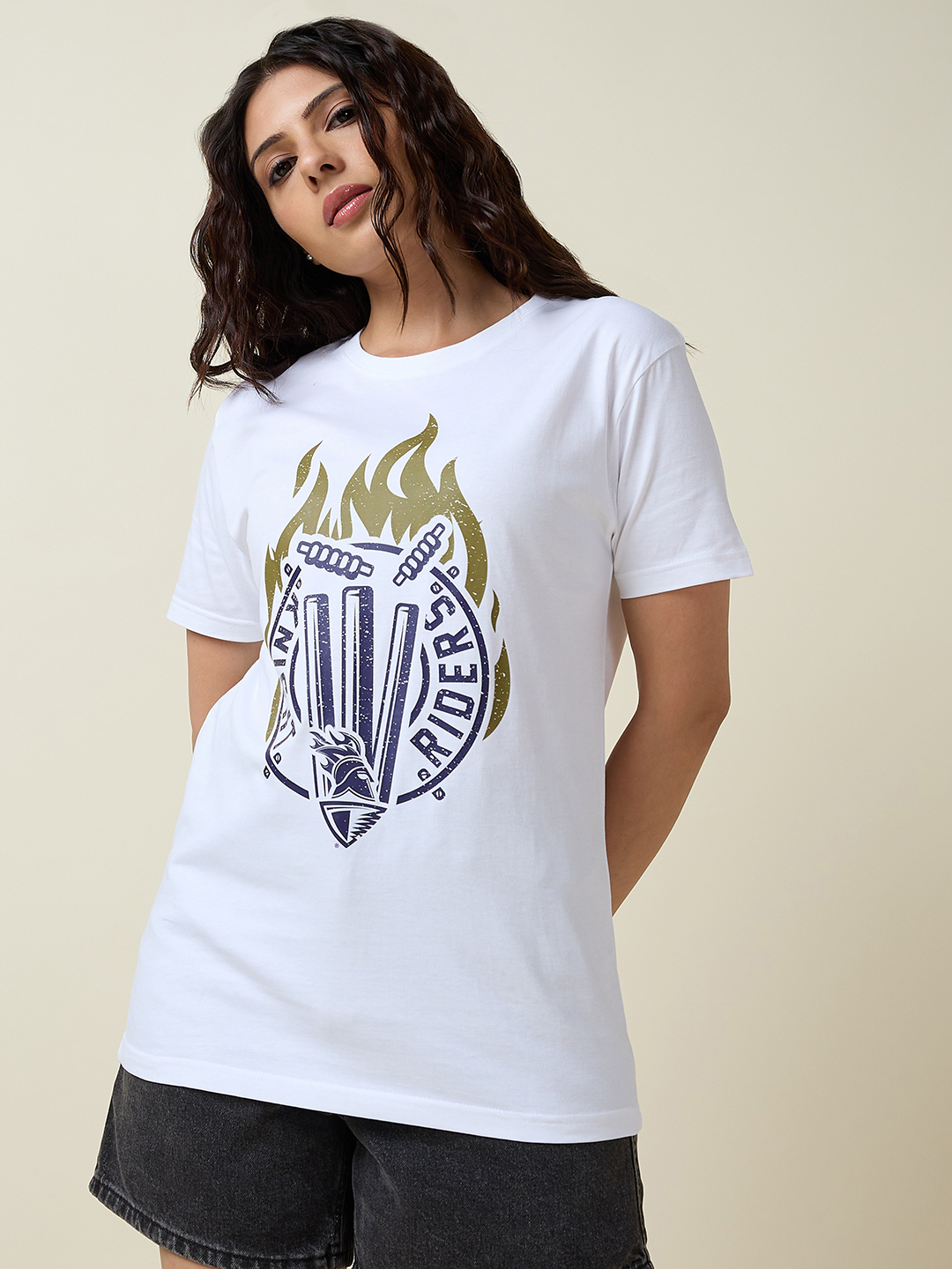 Kolkata Knight Riders Men White Fiery Stumps Graphic Printed Half Sleeves Round Neck Cotton T-Shirt (4)