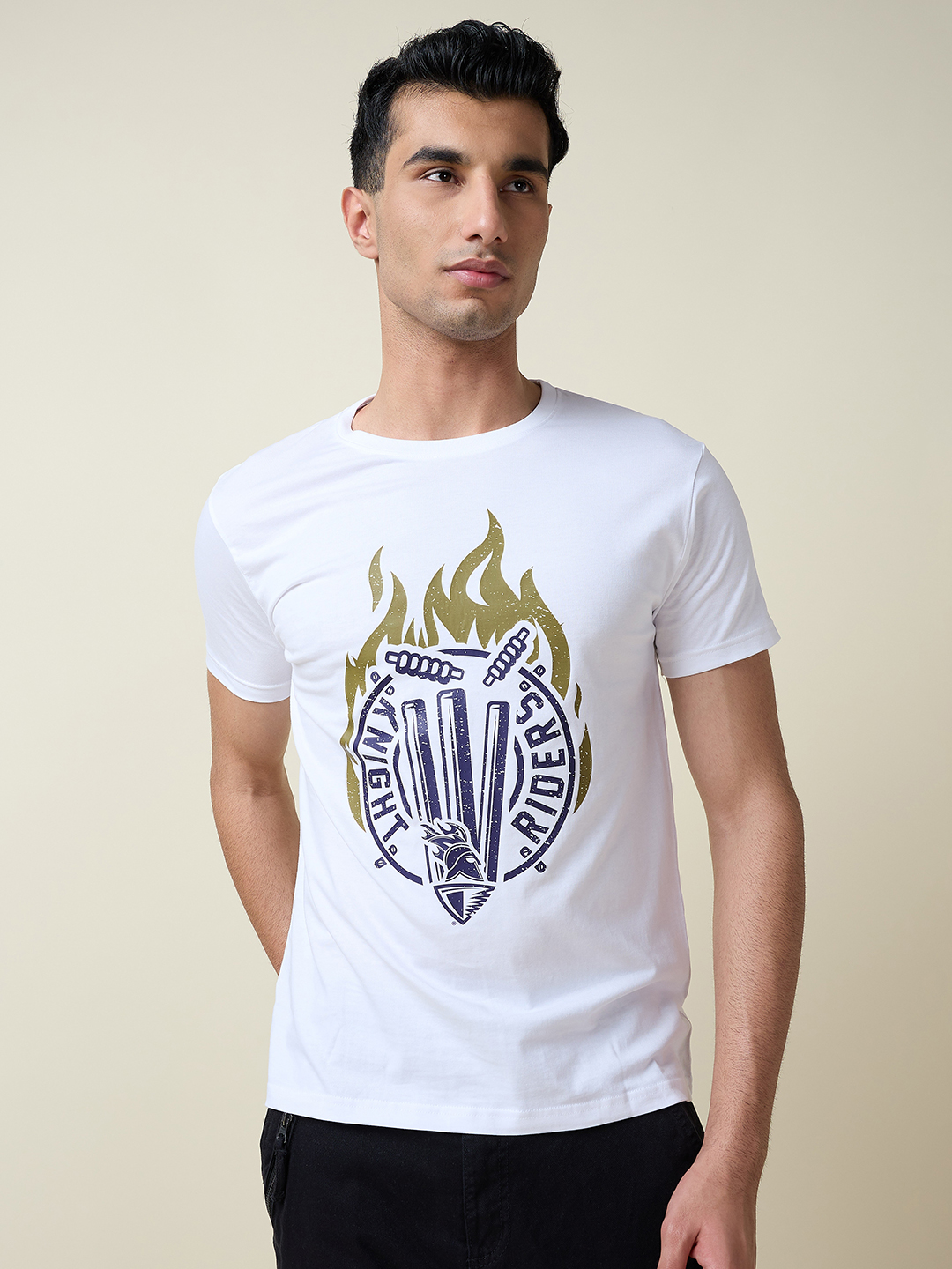 Kolkata Knight Riders Men White Fiery Stumps Graphic Printed Half Sleeves Round Neck Cotton T-Shirt (3)