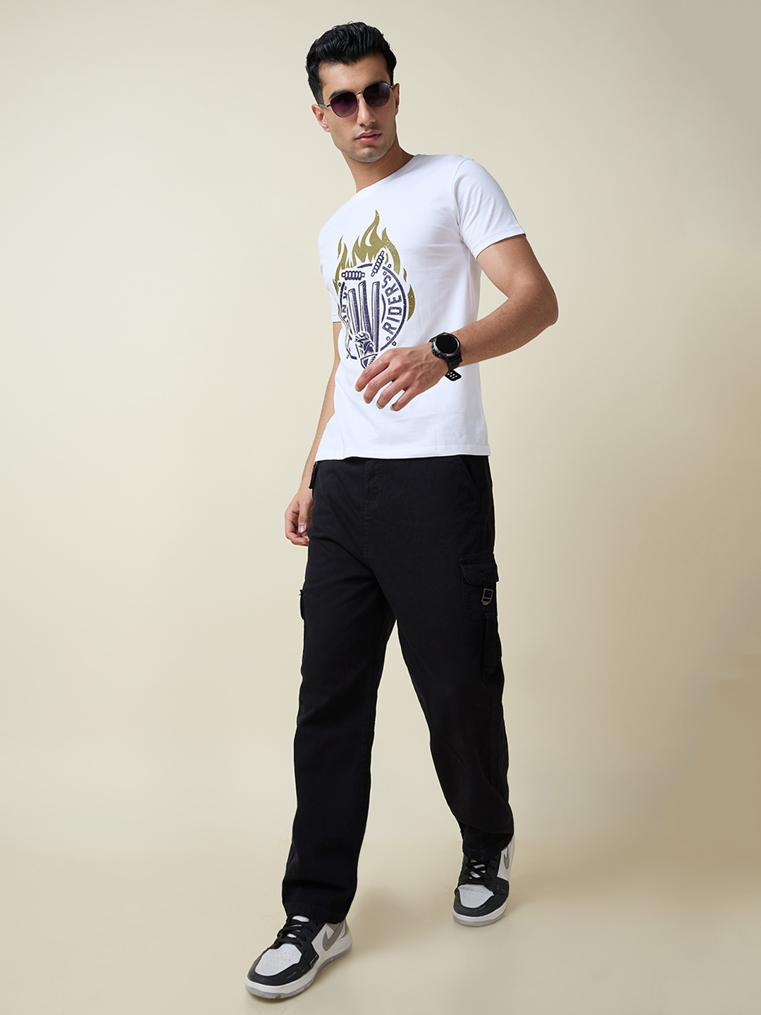 Kolkata Knight Riders Men White Fiery Stumps Graphic Printed Half Sleeves Round Neck Cotton T-Shirt (9)