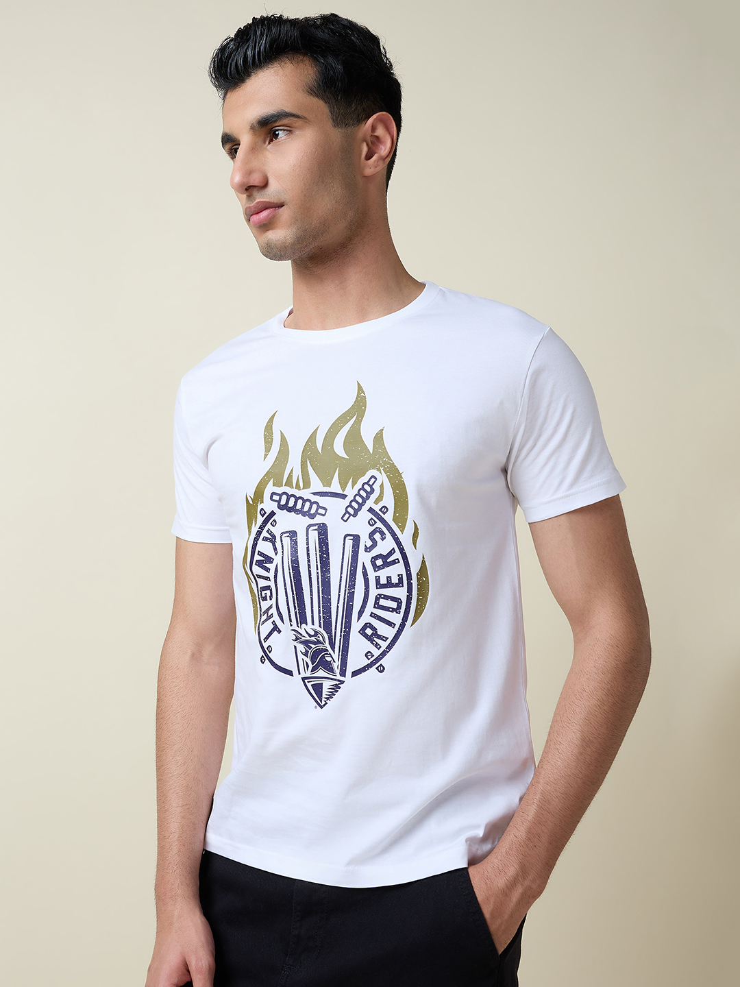 Kolkata Knight Riders Men White Fiery Stumps Graphic Printed Half Sleeves Round Neck Cotton T-Shirt (7)