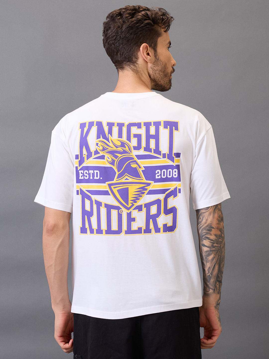Kolkata Knight Riders Men White Graphic Printed Half Sleeves Round Neck Oversized T-Shirt (4)