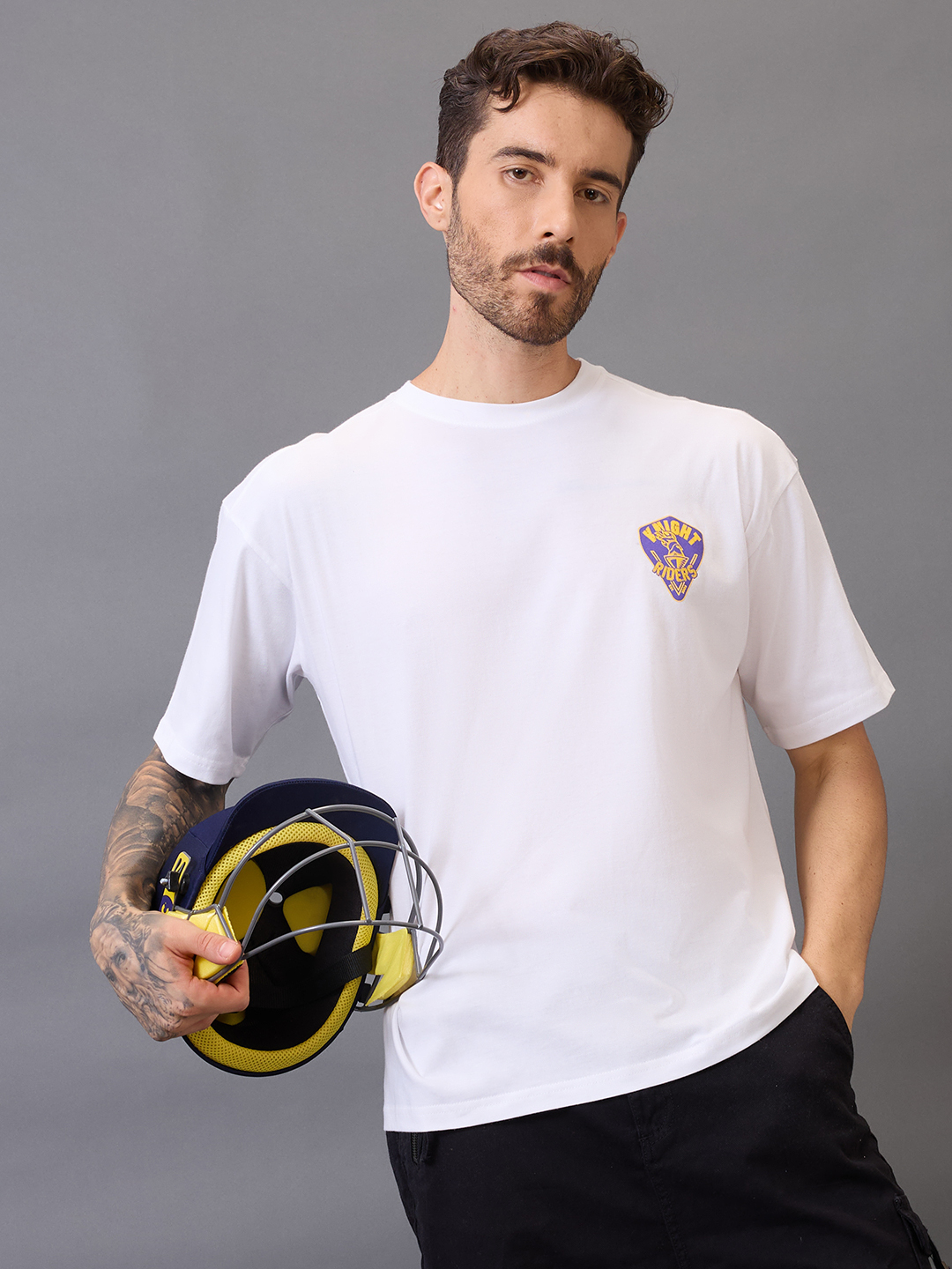 Men White Graphic Printed Half Sleeves Round Neck Oversized T-Shirt