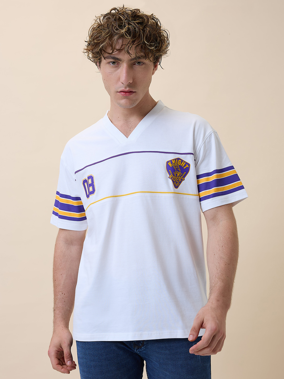 Men White Logo Printed Half Sleeves V-Neck Oversized Cotton T-Shirt